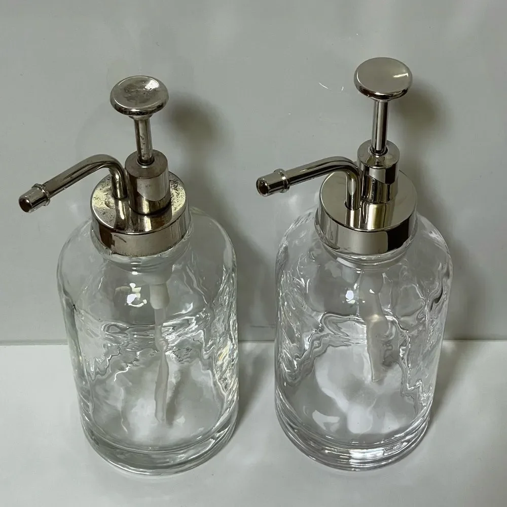 Two Elegant Clear Glass Oilcan Soap & Lotion Dispenser Set w/Chrome Accents
